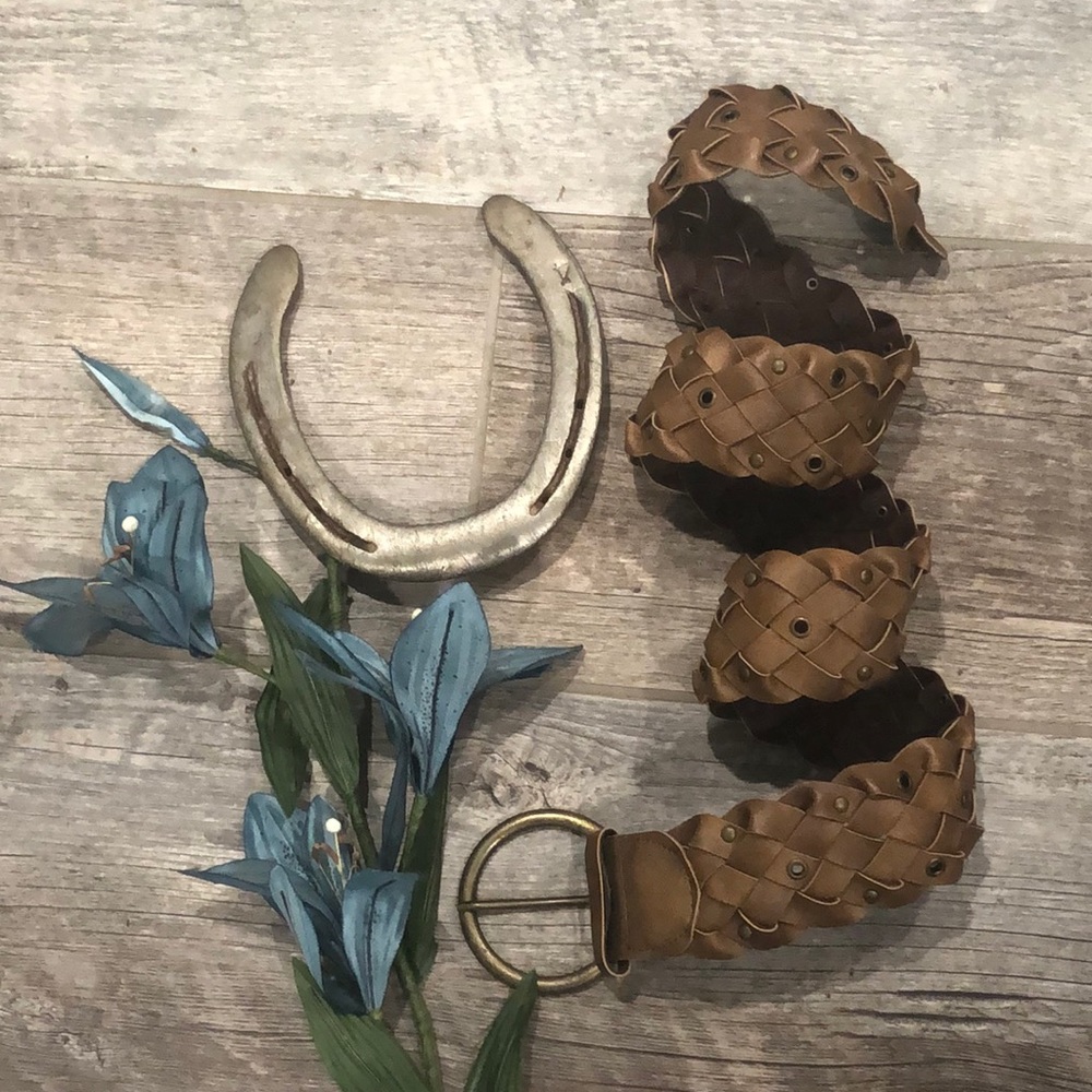 Western style tan braided faux leather brown studded belt